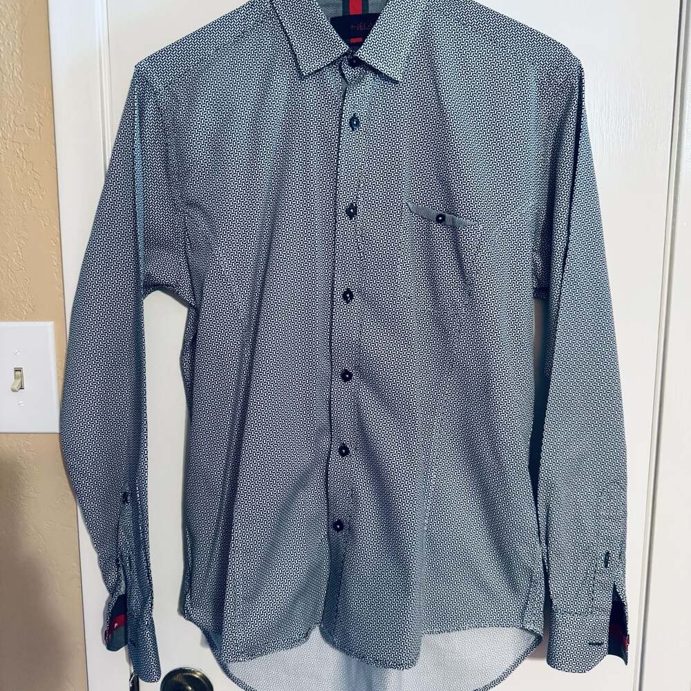 Eight X Premium Classic Fit Geometric Blk White Print Button Down Shirt Med